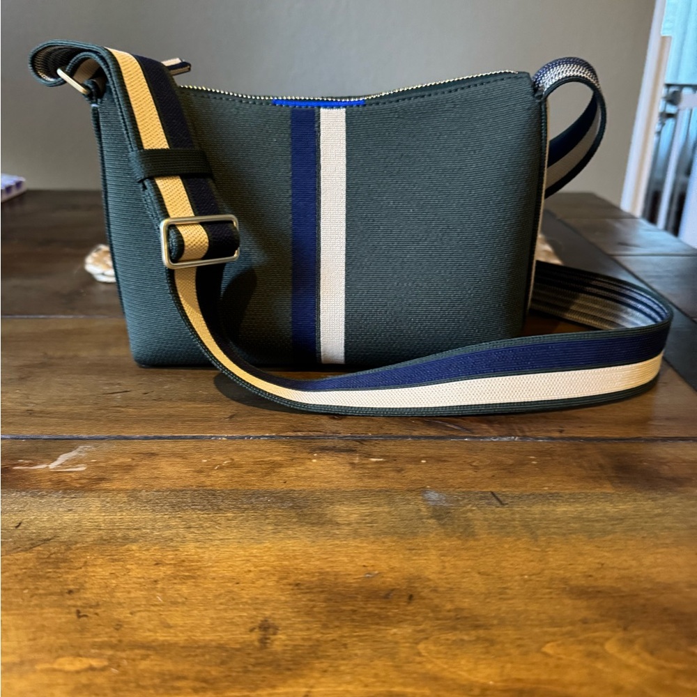 Rothy's Green / Blue / Cream Striped Crossbody Bag with Striped Strap